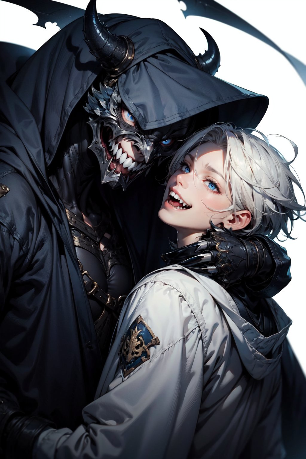 smile, short hair, blue eyes, white eyes, long hair, floating hair, simple background, white background, male focus, multiple boys, teeth, hood, 2boys, looking at another, mask, colored skin, white skin, scar, sharp teeth, clenched teeth, claws, hood up, hand on another's face