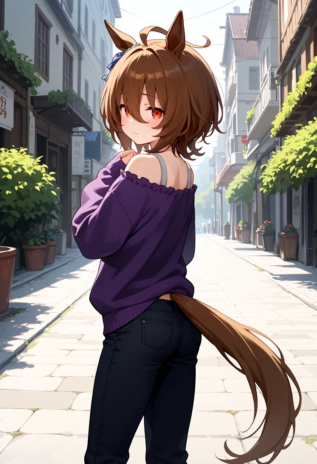 score_9, score_8_up, score_7_up, BREAK, best quality, masterpiece, very aesthetic, ultra detailed,very detailed background,BREAK,,zPDXL3,Tachyon_Casual, 1girl,solo, horse ears, horse tail, short hair, bangs, brown hair, ahoge, red eyes, hair between eyes,empty eyes,off shoulder, gray footwear, sleeves past wrists, black pants, casual, purple shirt,<lyco:Agnes_Tachyon-ponyXL_locon-000010:0.9>,from behind,looking at viewer,furrowed brow,nervous