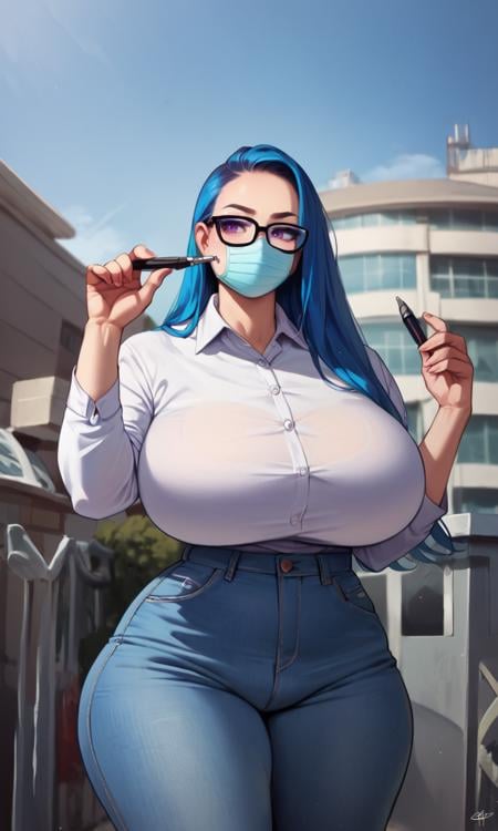 score_9, score_8_up, score_7_up, score_6_up, ,expressive eyes, perfect face, detailed face, 8K, curvy, plump, (wide hips), (thick thighs), gigantic breasts, long sky blue hair, jeans, collared shirt, purple eyes, stoic, holding a pen and file, with glasses, bored, bored expression, wearing a face mask, cinematic background, ultra detailed, highleg  <lora:PulenKompot-Voluptuous-SDXL:0.8> voluptuous