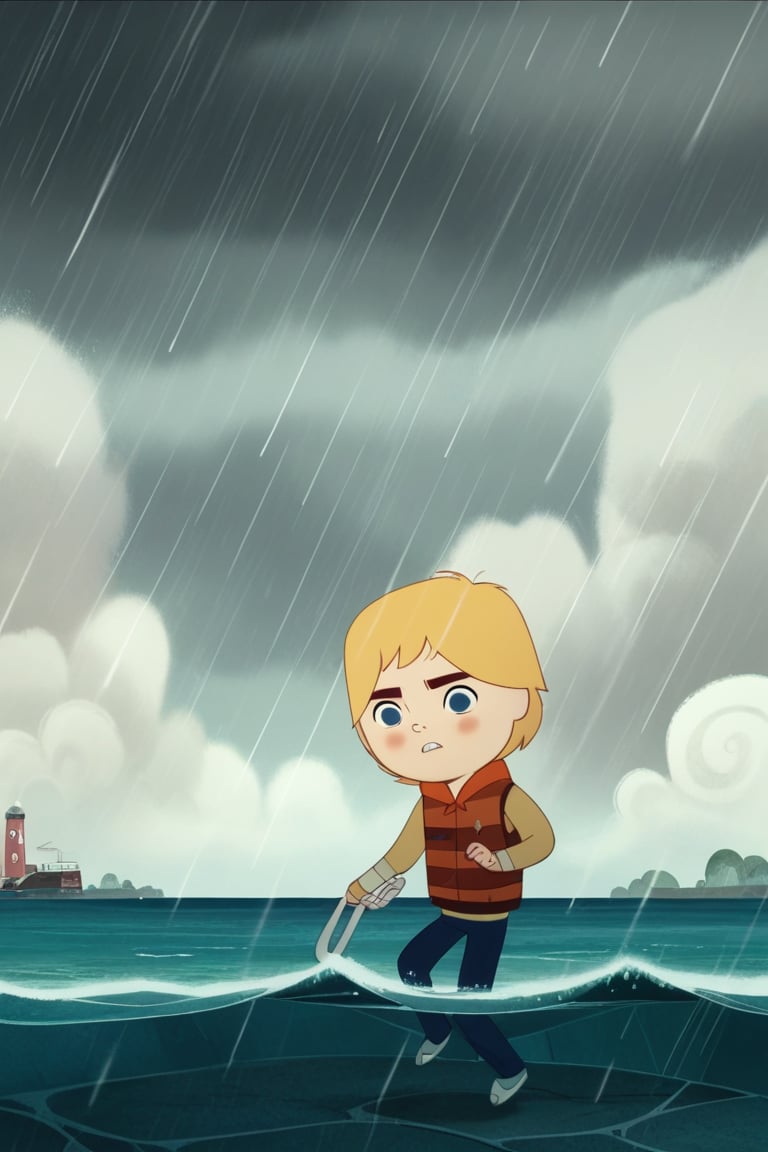 score_9, score_8_up, score_7_up,SongofTheSeaBen, SeaOfTheSea_Studio_Saloon_Style, water, human, umbrella, cloudy sky, clothing, storm, 1boy, blonde hair, outside, hi res, young, female, male focus, mammal, raining, parody, brown shirt, hair, male, short hair, cloud, anthro, rain, blue eyes, sky, outdoors, sleeveless, feral, teeth, animal crossing, clothed, blush, solo<lora:EMS-444535-EMS:1.000000>