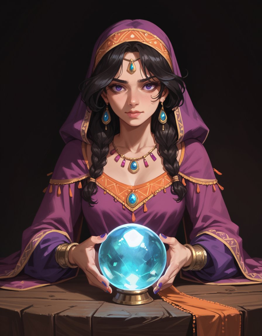 score_9, score_8_up, score_7_up, score_6_up, score_5_up, score_4_up, 1girl, gypsy, hud_cryst4l_b4ll, glowing, crystal ball, orb, upper body, table, nail polish, <lora:cball-000008:0.8>