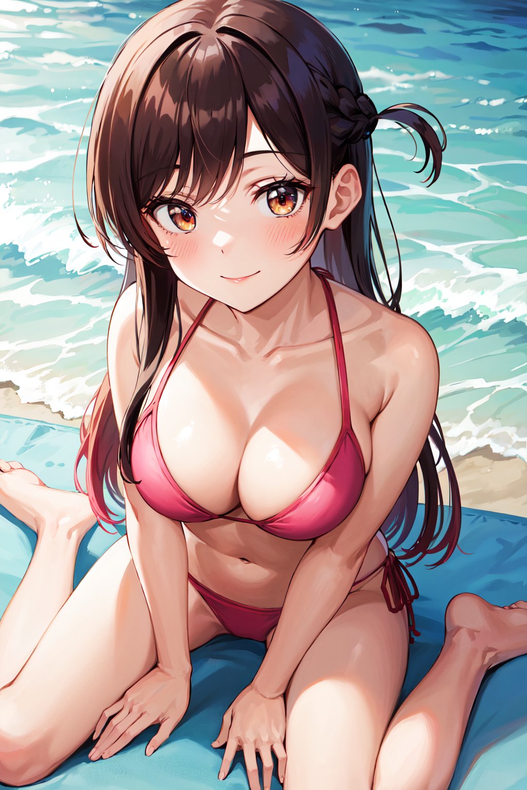 masterpiece, best quality, highres, aachizuru, long hair, one side up, collarbone, bare shoulders, pink bikini, side-tie bikini bottom, <lora:mizuhara_chizuru_v2:0.7>, beach, smile, wariza