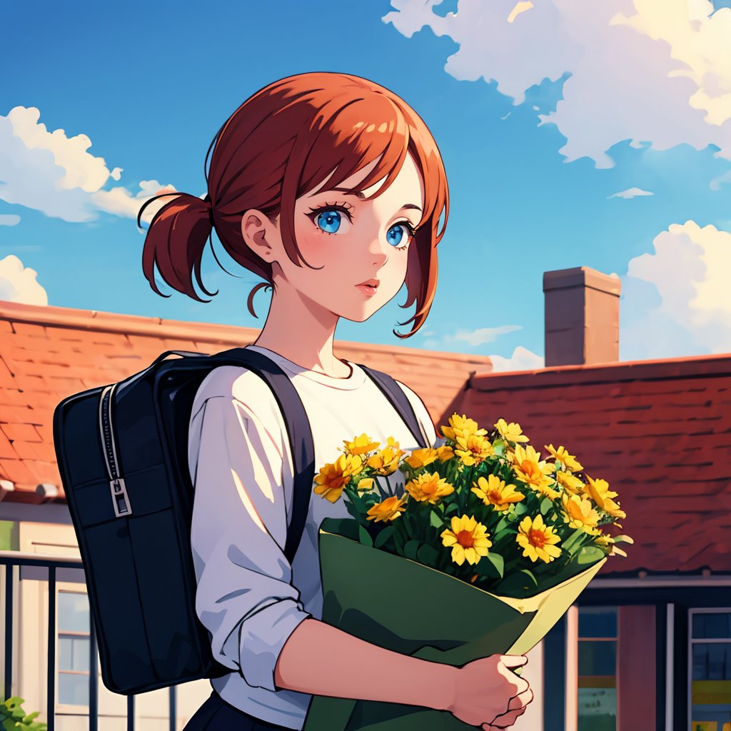 (best quality:1.4),(masterpiece:1.4),(8K:1.4),(extremely detailed:1.4),1girl,bag,blue sky,building,cloud,cloudy sky,day,flower,