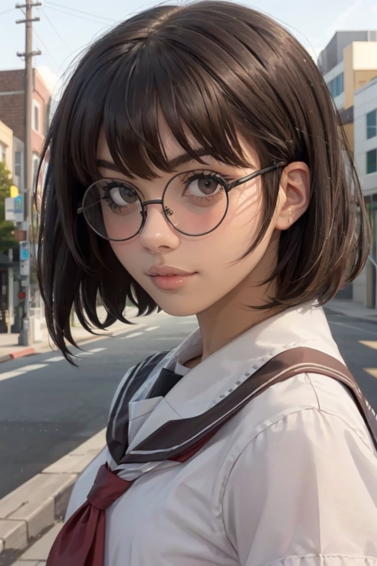 looking at viewer, portrait, parted lips, serious looklexupdog, 1girl, lips,  short black hair, blunt end bangs, brown eyes, glasses, schoolgirl, seifuku,  realistic, windy day, outdoors, downtown suburbs, picturesque, depth of field, <lora:lexupdog_v3-04:0.8>