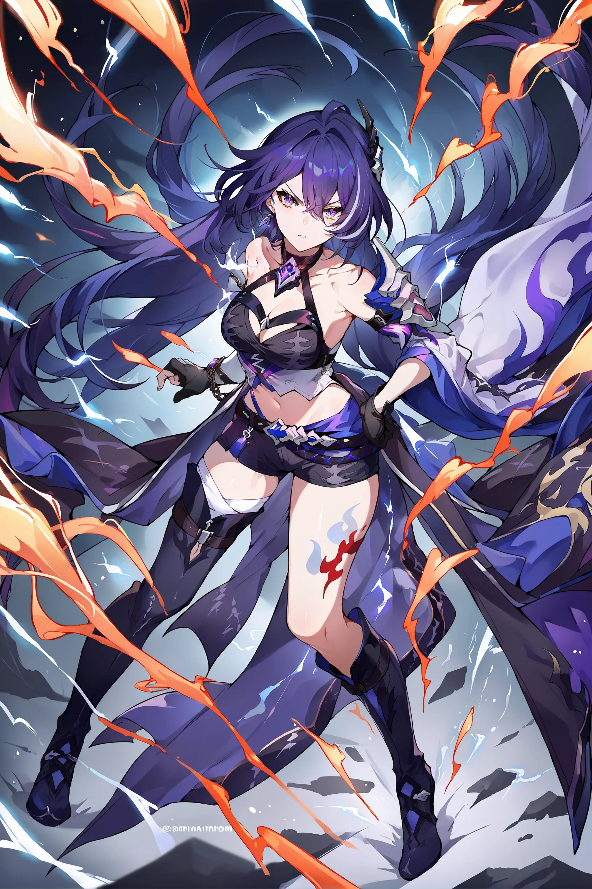 score_9, score_8_up, score_7_up, 1girl, acheron \(honkai: star rail\), solo, long hair, short shorts, leg tattoo, single knee boot, single thigh boot, midriff, black gloves, hair ornament, choker, long coat, single sleeve, single gauntlet, uneven legwear, full body, lightning, electricity, aura, looking at viewer, floating hair, glaring, hand on hilt, sword <lora:Char-HonkaiSR-Acheron-Pony-V1:0.9>  <lora:MikaPikaZoXLP6lokrV42310:0.7>