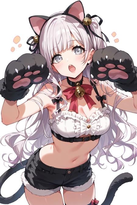 score_9, score_8_up, score_7_up, score_6_up, 1girl,<lora:Izumo_Saki:0.9> saki, long hair, grey eyes, fake cat ears, fake cat paws, cat tail, shorts, bell, animal ears, animal hands, cat ears, bell, ribbon, paw gloves, gloves, looking at viewer, open mouth,