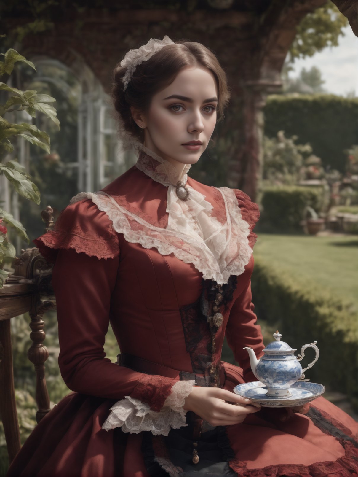 8k, masterpiece, highly detailed, realistic, photograph,woman wearing a red (victorian dress), <lora:victorian_dress-XL-2.0:1>tea set, table, from side, garden, looking at viewer, cowboy shot, sitting