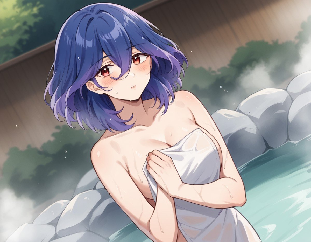 score_9, score_8_up, score_7_up, source_anime,vermeil, <lora:vermeil-s1-ponyxl-lora-nochekaiser:1>,vermeil, red eyes, hair between eyes, blue hair, purple hair, multicolored hair, medium hair,nude, naked, outdoors, onsen, towel, naked towel, steam, bathing, nude cover, partially submerged, water, bath, steam censor, wet towel, blush,looking at viewer, cowboy shot, solo, dutch angle,