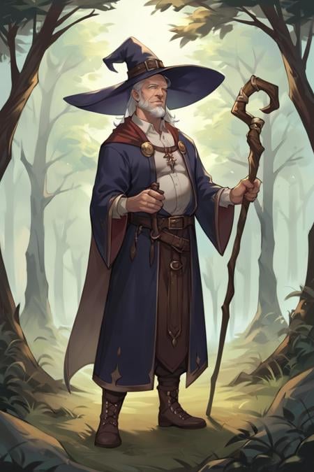 score_9, score_8_up, score_7_up, score_6_up, score_5_up, score_4_up, rating_safe, wizard, old, 1boy, old man, male focus, hat, beard, solo, staff, witch hat, facial hair, forest, nature, robe, long hair, looking at viewer, tree, holding, white hair, outdoors, holding staff, boots <lora:Smooth Anime Style LoRA XL:0.7>