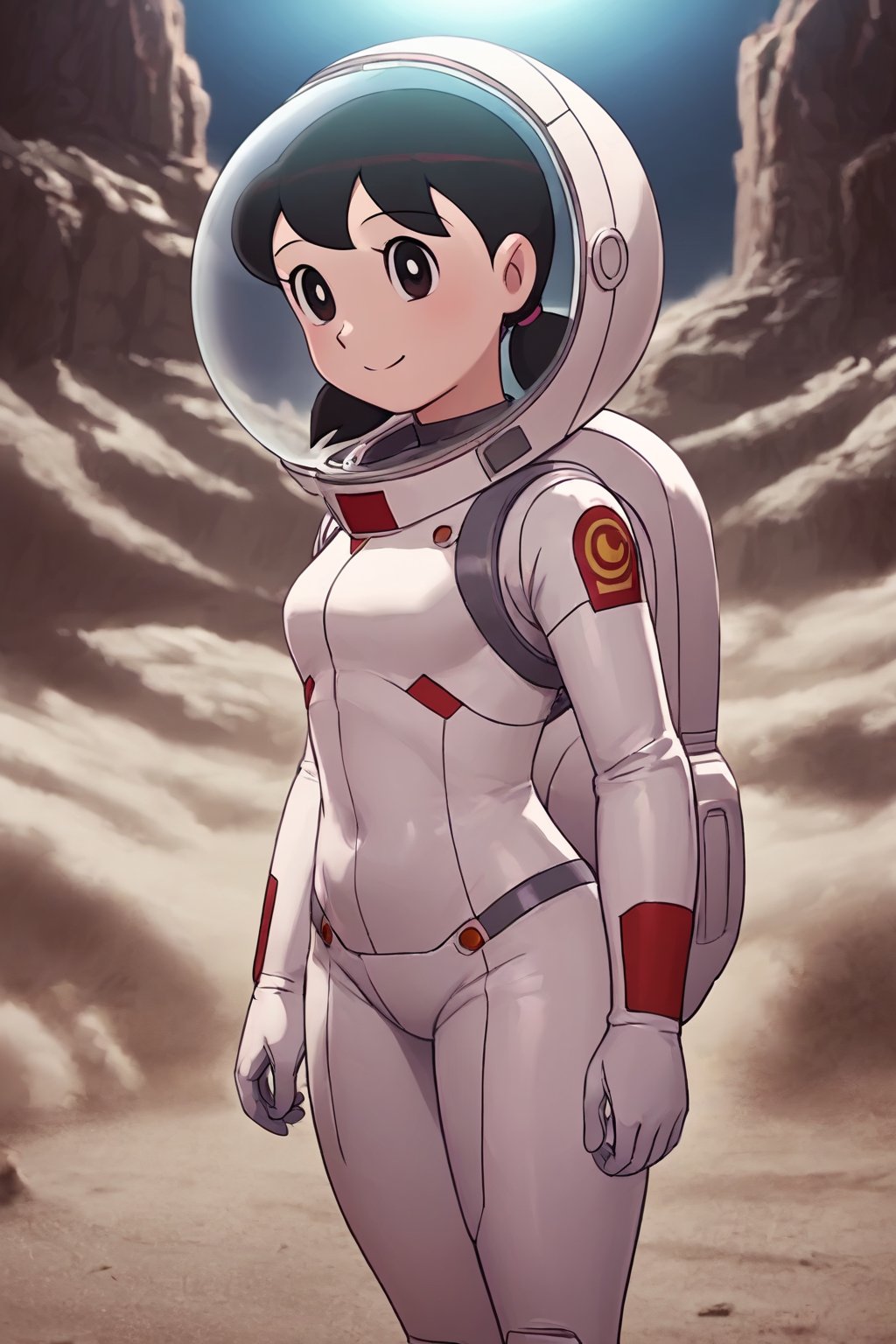 score_9, score_8_up, score_7_up, score_6_up, score_5_up, score_4_up, source_anime,minamoto shizuka, black hair, twintails, cowboy shot, 1girl, solo, smile, Girl in a spacesuit stepping onto the surface of Mars, Earth visible in the distance, vast red landscape, futuristic colony in the background, sense of wonder and exploration, epic sci-fi scene, hyper-realistic detail,masterpiece, perfect face, best quality, beautiful girl, cute girl, beautiful eyes, shiny eyes, anime coloring, anime screencap, absurdres, <lora:minamoto shizuka nova 906:0.8>