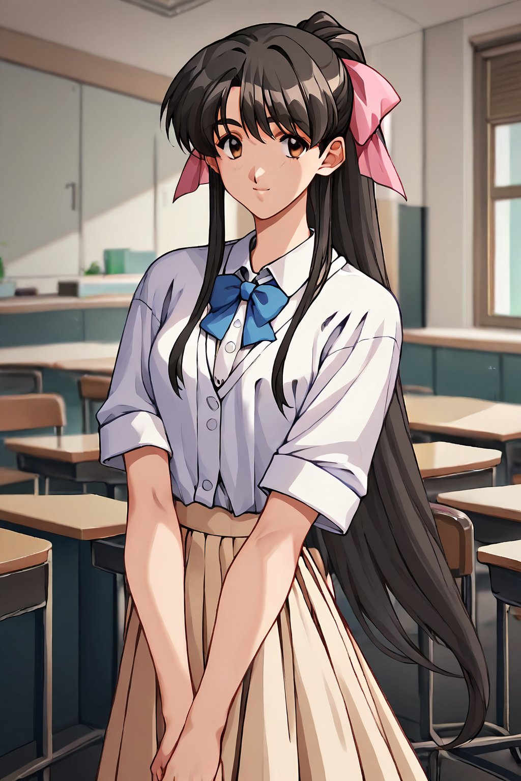 score_9, score_8_up, score_7_up, score_6_up, score_5_up, score_4_up, source_anime, s_m_tooru, 1990s \(style\), retro artstyle,ponytail, black hair,1girl, solo, school uniform, grey vest, blue bowtie, indoors, smile, looking at viewer, brown eyes, hair ribbon, breasts, cowboy shot, long hair, standing, pleated skirt, pink ribbon,masterpiece, perfect face, best quality, beautiful girl, cute girl, beautiful eyes, shiny eyes, anime coloring, anime screencap, absurdres, <lora:s_m_tooru auti:0.8>