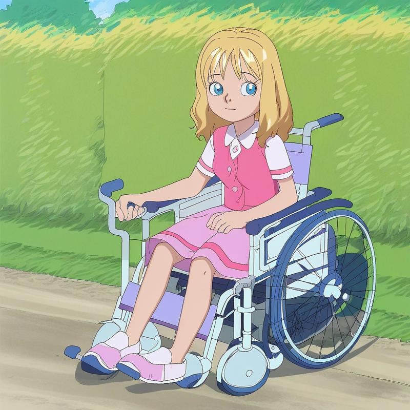 score_9, solo, helen, blonde hair, blue eyes, skirt, wheelchair, outdoors