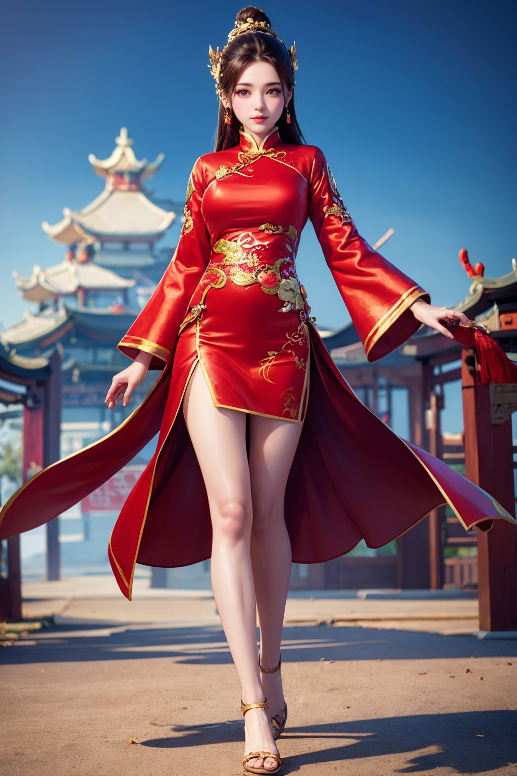 1girl,forehead mark,red dress,dress,brown hair,solo,facial mark,chinese clothes,bare legs,full body,