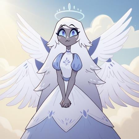 score_9, score_8_up, score_7_up,xemilyx, long hair, white hair, bangs, blue eyes, halo, colored skin, angel wings, multiple wings, dress, stockings, clouds, god rays, 1girl, standing, looking at viewer, v arms, interlocked fingers, <lora:emily-hazbin:0.8>