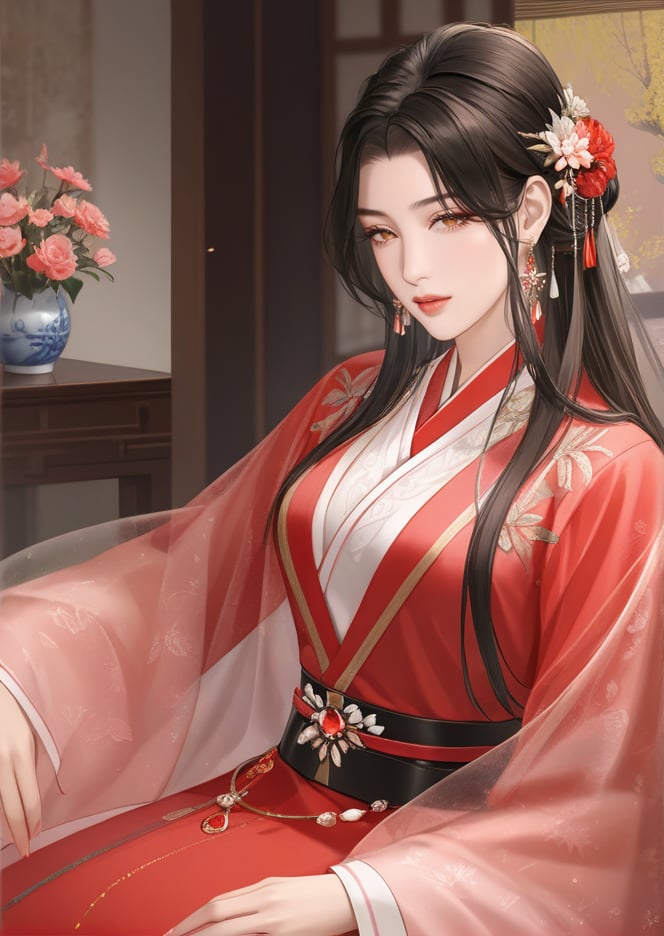 (best quality), ((masterpiece)), (highres), illustration, original, extremely detailed,  <lora:古风·鸢行风上:0.7>yuan, 1girl, solo, chinese clothes, hair ornament, jewelry, earrings, flower, black hair, long hair, realistic, lips, dress, long sleeves