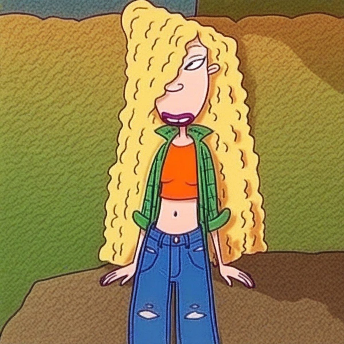 score_9, 1girl, debbie, long hair, blond hair, hair over one eye, orange shirt,, navel, jeans