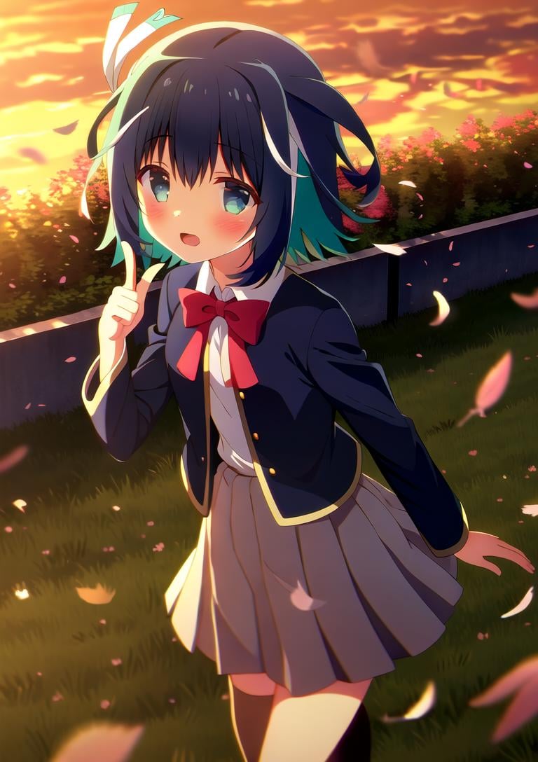 highres, high quality, 1girl, solo, akisato konoha, youtou uniform, index finger raised, evening, falling petals, falling feathers, walking, grass