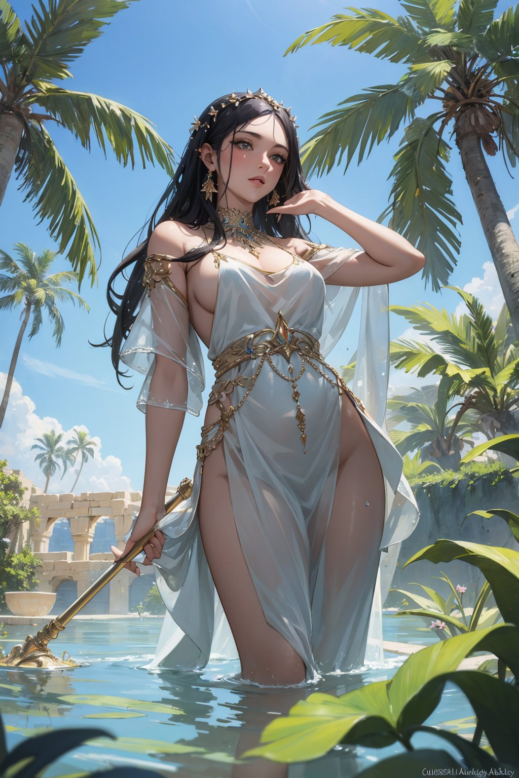 ((masterpiece)), ((best quality)), absurdres, 8k uhd, beautiful colors, insane detail,Portrait of a beautiful female queen wading in water in ancient (Babylonian city) with palm trees and gardens