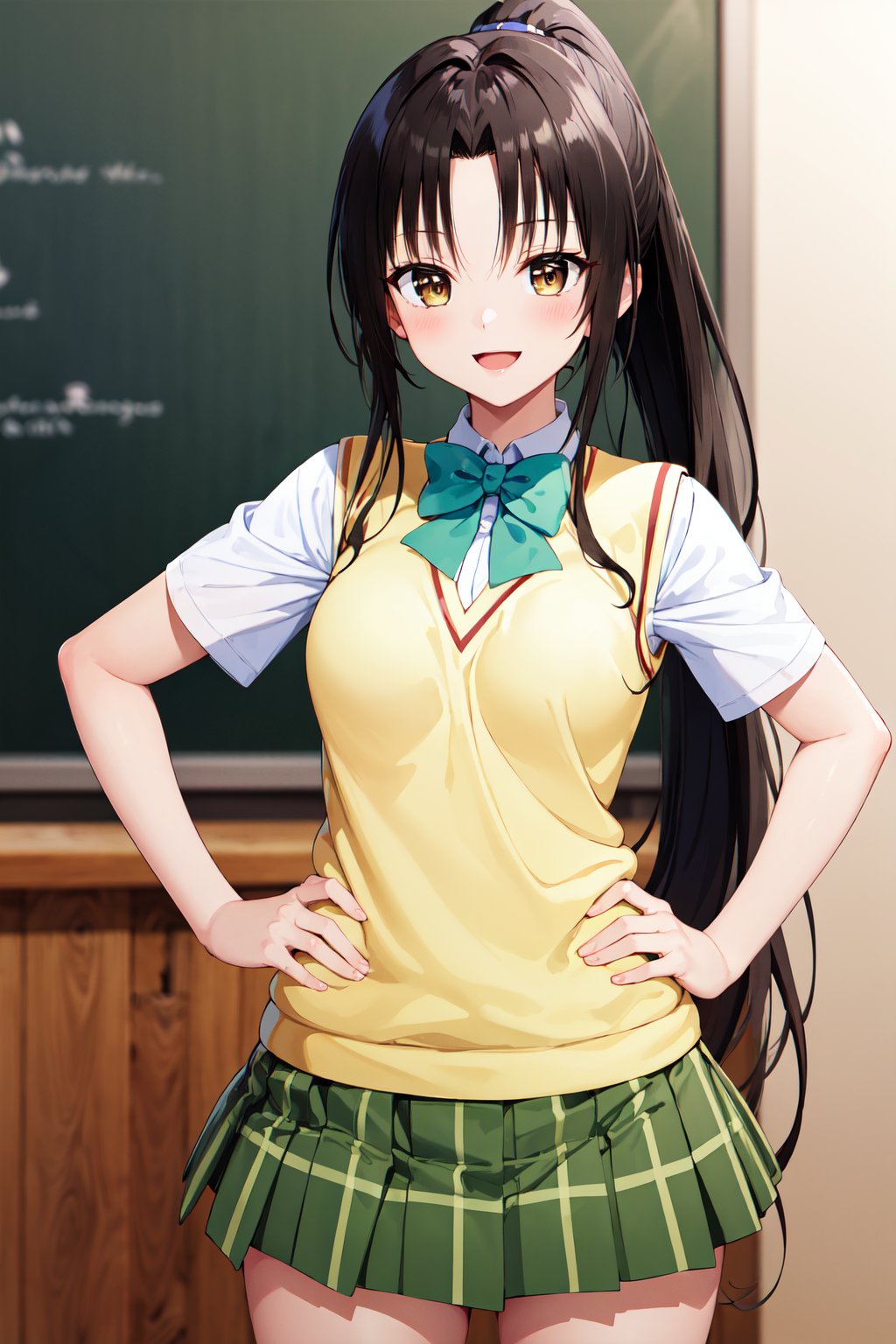 masterpiece, best quality, highres, 1girl, solo, long hair, black hair, ponytail, parted bangs, brown eyes, school uniform, green bowtie, white shirt, short sleeves, sweater vest, yellow vest, plaid skirt, green skirt, <lora:kujou_rin_v1:0.7>, hands on hips, smile, open mouth, indoors