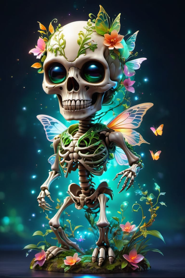 (best quality, 4K, 8K, high-resolution, masterpiece), ultra-detailed, hyper-realistic, photorealistic, full-body portrait of a whimsical skeleton creature with intricate bone structure, large glowing orange eyes, and a wide toothy grin. The skull is adorned with colorful flowers and vibrant green vines, along with blue and pink glowing gems embedded in the bone. The skeleton's arms and tail are decorated with small glowing orbs and delicate leaves. Butterfly-like wings with translucent petals emerge from the skull. The creature's hands have glowing tips, resembling small flames. The background is a gradient of deep blue and black, creating a magical and enchanting atmosphere with floating sparkles and bokeh effects. The composition highlights the creature's whimsical and fantastical nature, blending elements of fantasy and nature in a visually captivating scene.<lora:SDXL_fantasy:1> negativeXL_D ImgFixerPre0.3