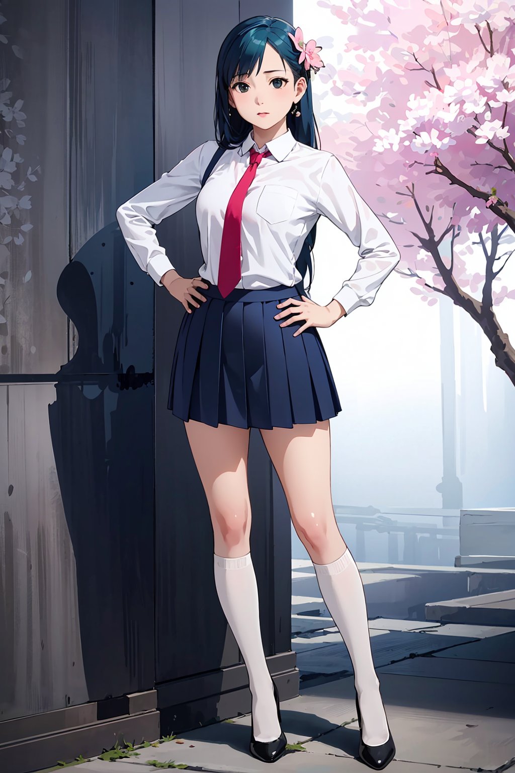 (best quality:1.4),(masterpiece:1.4),(photorealistic:1.4),(ultra high res, raw photo:1.4),(hdr, hyperdetailed:1.2),1girl,black eyes,pointing up,large pectorals,spread fingers,highres,light and shadow snowing,cherry blossoms,hand on hip,pectoral lift,princess,aqua hair,hair ornament,long hair,aqua necktie,black footwear,light blue skirt,white lace long stockings,shigh heel,collared shirt,necktie,pleated skirt,shirt,skirt,tie clip,