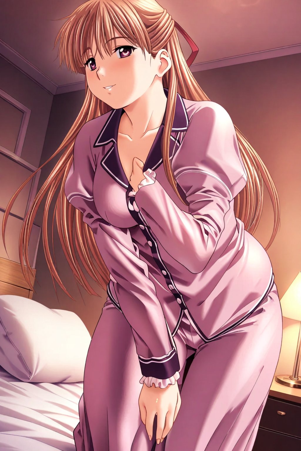 kanzaki asuka, leaning forward, 1girl, solo, blonde hair, long hair, pajamas, standing, smile, half updo, red hair bow, bedroom, (masterpiece, high-quality, breathtaking, highres, ultra detailed), (expressive eyes, perfect face),  <lora:kanzaki_asuka:1>