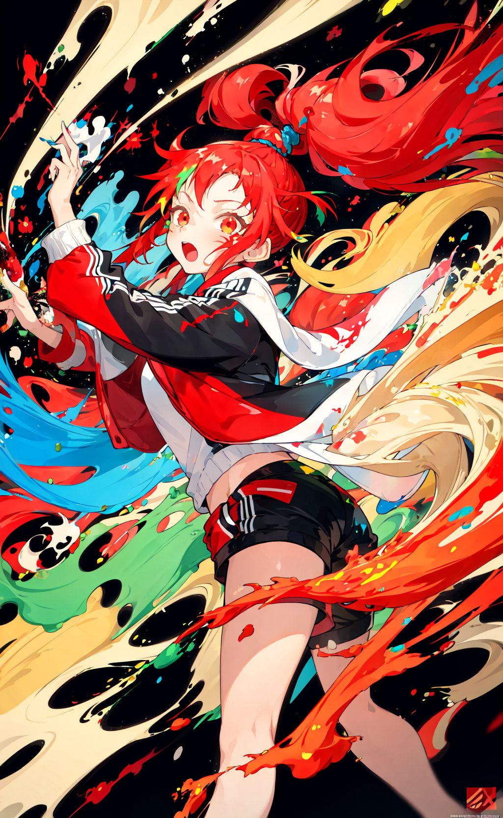 masterpiece, best quality, 1girl, red ponytail, long hair, oversized track jacket, shorts, happy, fun, paint splatter, paint, dynamic, colorful, swirl, swirling, abstract, expressive, simple background