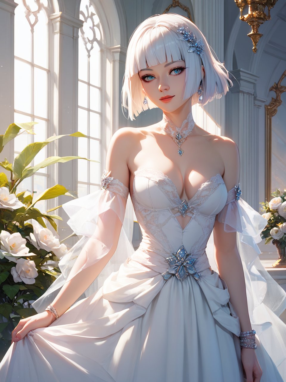 score_9,score_8_up,score_7_up,1girl,solo,cowboy shot,white hair,short hair,hime cut,Elegant girl in a beautiful dress,