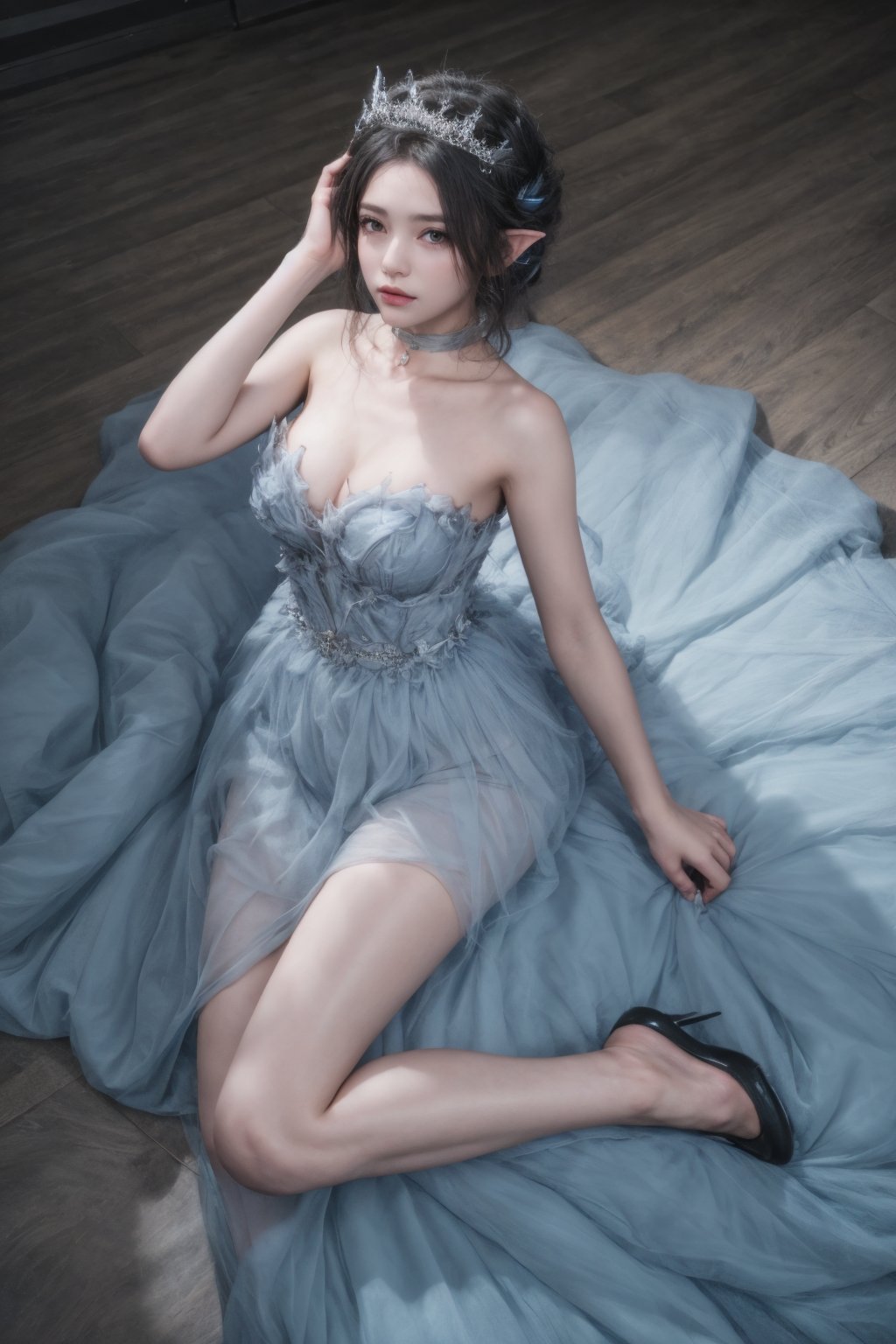 future001,solo,Pointy ears,Strapless blue dress,tiara,<lora:future001-0417:0.8>,full body,on floor,, best quality,masterpiece,highres,official art,extremely detailed cg unity 8k wallpaper,