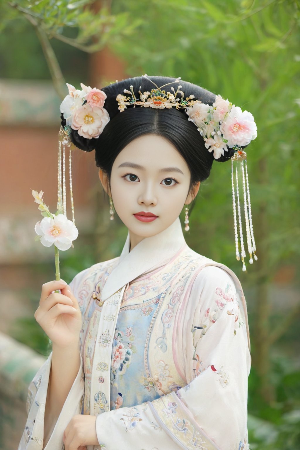 elegant young chinese woman in traditional dress,soft focus,gentle light,holding plant stem,creamy white and pastel colors,intricate hairpieces,long black hair,large expressive eyes,serene expression,detailed garden background,dreamy atmosphere,18 years old,contemporary photography,inspired by classical chinese painting aesthetics,masterpiece,gege,