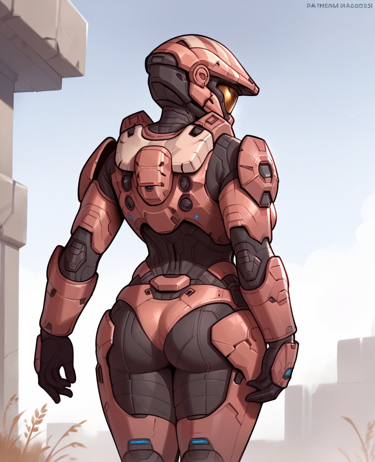 score_9, score_8_up, score_7_up, score_6_up, score_5_up, score_4_up, source_anime, nilvx, oir, spartan \(halo\), 1girl, solo, helmet, faceless, armor, gloves, power armor, science fiction, crotch plate, breastplate, large breasts, outside, ((facing away)), rear view, butt <lora:spartan_pdxl:1>