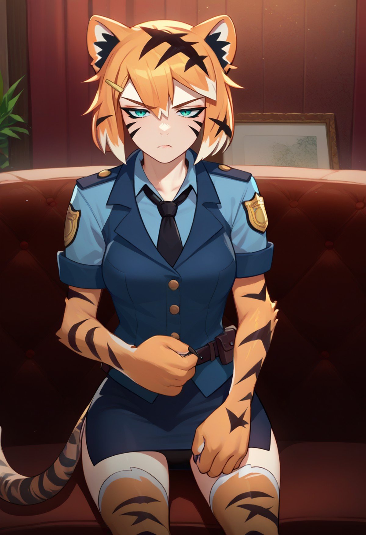 score_9, score_8_up, score_7_up, source_anime, solo, 1girl, valerie, tiger girl, orange fur, tiger stripes, facial mark, animal hands, claws, unamused, looking at viewer, sitting, couch, animal ears, police uniform, blue jacket, short sleeves, black necktie, blue skirt, pencil skirt, side slit, belt, thighhighs, animal print, tiger tail, indoors <lora:orcmassage_valerie_ponyXL:1>