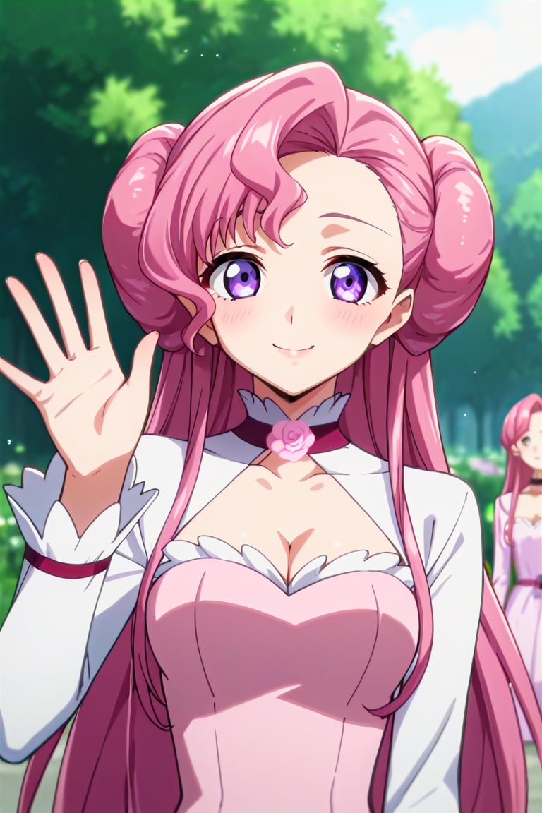 score_9, score_8_up, score_7_up, score_6_up, score_5_up, score_4_up, rating_questionable, , source_anime, digital illustration, pixiv, fanbox, uncensored, , BREAK, official art,1girl, female, euphemia li britannia, pink hair, long hair, purple eyes, double bun,  anime screencap, pink dress, long sleeves, cleavage cutout, flower, choker, flower choker, waving, upper body, light smile, outdoors, blush, looking at viewer, cowboy shot, colorful, vivid, <lora:Euphemia_li_Britannia_XL:0.8>