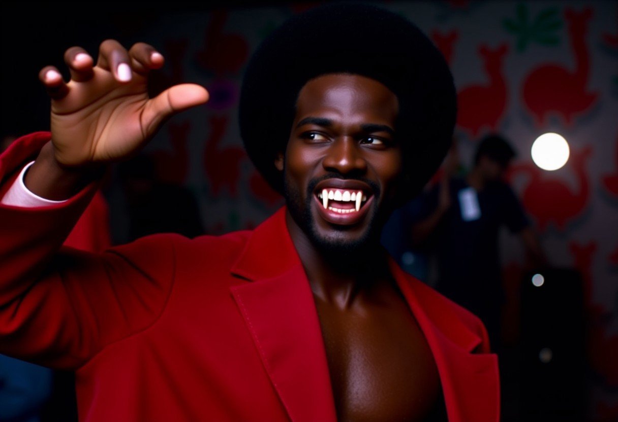 Vampyfangs1. a film still photo. 35mm. 4k. From a 2003 movie. a black Jamaican vampire and is showing off his fangs, he is at a disco club, wearing a red suit. Night. Noir. Nighttime