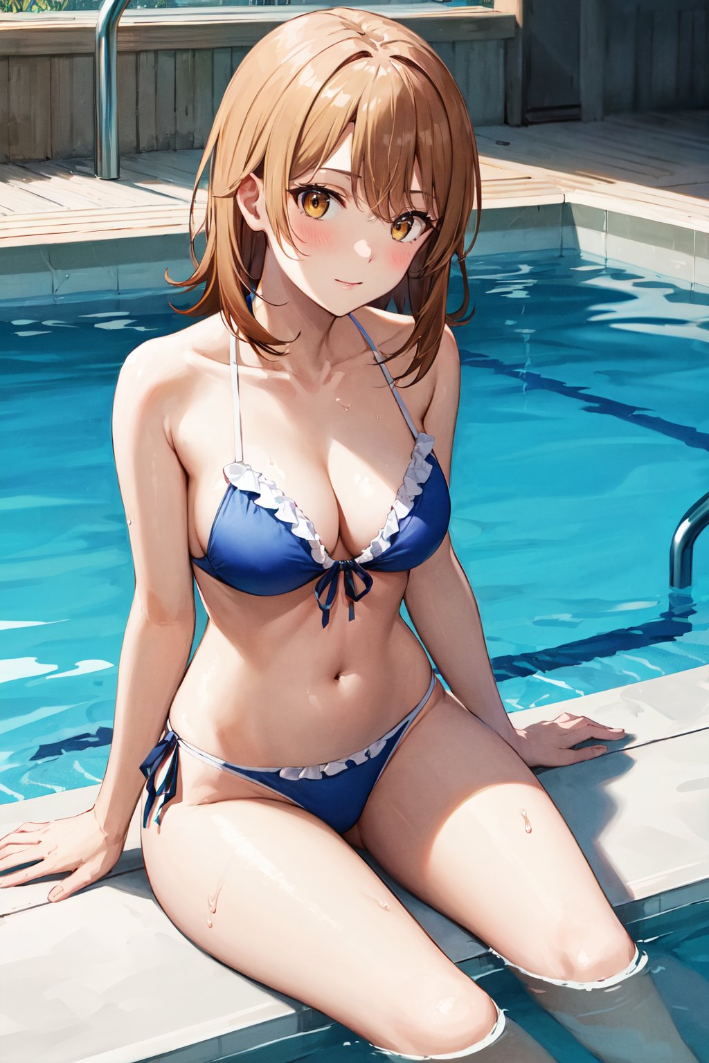 masterpiece, best quality, highres, aairoha, medium hair, <lora:isshiki_iroha_v1:0.7>, frilled bikini, poolside, sitting, water, partially submerged, 