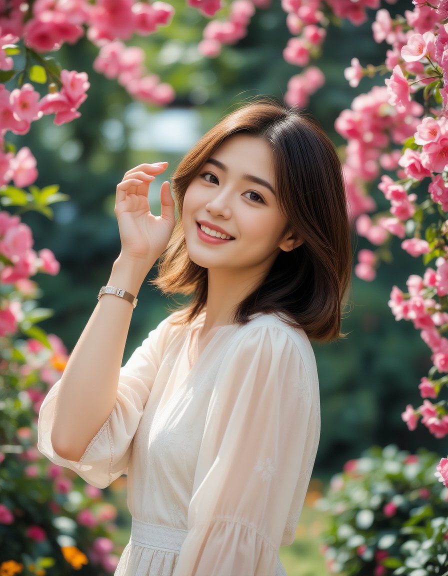 A high-quality photograph of a young woman standing in a vibrant garden, smiling brightly. She has short, wavy brown hair that catches the light, and she is wearing a light-colored, flowing dress with a subtle floral pattern. Her right hand is gently lifted to touch her hair, revealing a delicate wristwatch that adds a touch of elegance to her look. The soft lighting enhances the dreamy quality of the scene, while the sharp focus on the woman emphasizes her joyful expression and graceful pose. The overall mood is one of relaxation and happiness, with the vibrant garden and her radiant smile perfectly capturing the essence of a peaceful, carefree moment. The backdrop is filled with lush greenery and vibrant cherry bloom flowers that frame the scene beautifully, creating a romantic and serene atmosphere  <lora:hinaFluxAsianMixLora-schnell_v2:0.9>