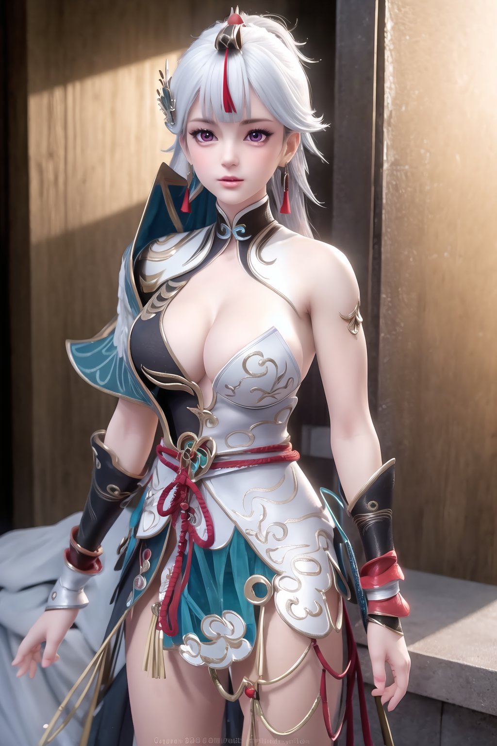 (8k, RAW photo, best quality, masterpiece:1.2),(realistic, photorealistic:1.3), ultra-detailed, extremely detailed cg 8k wallpaper,(crystalstexture skin:1.2), extremely delicate and beautiful,1girl, solo, armor, hair ornament, facial mark, bangs, white hair,  jewelry, bare shoulders, earrings,photo_\(medium\), (breasts, medium_breasts, cleavage), looking_at_viewer,  standing, 