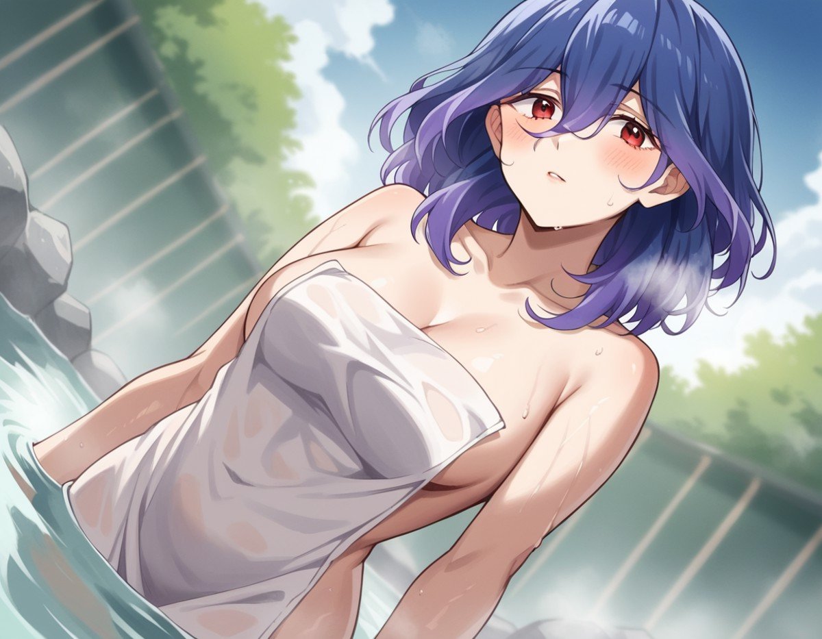 score_9, score_8_up, score_7_up, source_anime,vermeil, <lora:vermeil-s1-ponyxl-lora-nochekaiser:1>,vermeil, red eyes, hair between eyes, blue hair, purple hair, multicolored hair, medium hair,nude, naked, outdoors, onsen, towel, naked towel, steam, bathing, nude cover, partially submerged, water, bath, steam censor, wet towel, blush,looking at viewer, cowboy shot, solo, dutch angle,