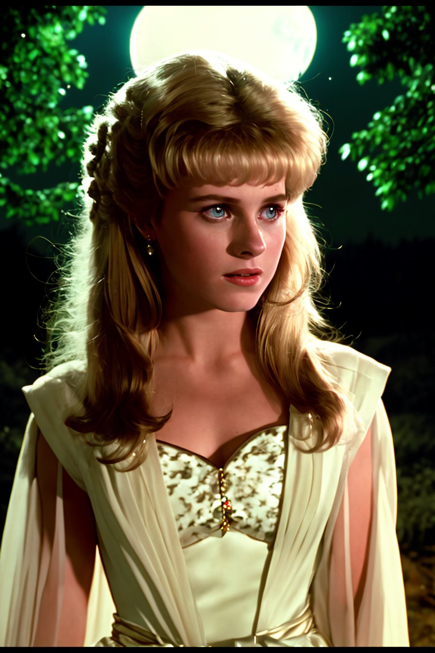 80s, portrait, princess blonde hair royalty standing dark forest moonlight movie studio(analog film:1.3) (vhs movie) (photorealistic) (screencap) (cinematic lighting) (sharp focus), upper body <lora:80s_offset:1>