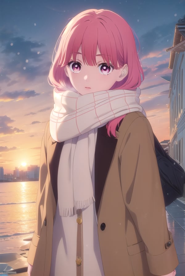 yukiitose, <lora:yuki itose-alpha-lora-nochekaiser:1>,yuki itose, long hair, pink hair, red hair, (pink eyes:1.3),BREAK long sleeves, scarf, coat, brown coat,BREAK outdoors, city, snow, snowflake, sun, clouds,BREAK looking at viewer, (cowboy shot:1.5),BREAK <lyco:GoodHands-beta2:1>, (masterpiece:1.2), best quality, high resolution, unity 8k wallpaper, (illustration:0.8), (beautiful detailed eyes:1.6), extremely detailed face, perfect lighting, extremely detailed CG, (perfect hands, perfect anatomy),