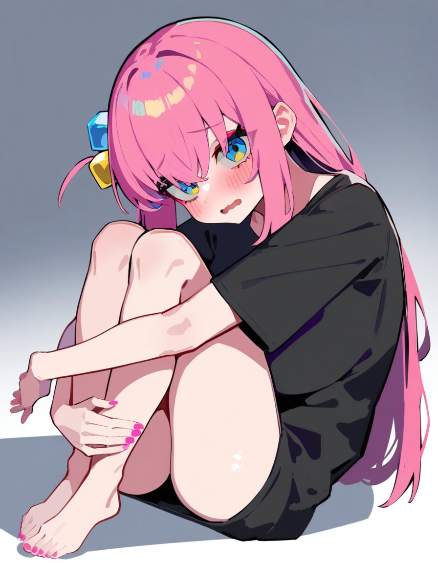 1girl, solo, gotoh hitori, bocchi the rock!, lam \(ramdayo\), long hair, pink hair, cube hair ornament, blue eyes, wavy mouth, black t-shirt, blush, large breasts, white background, hugging own legs, masterpiece, best quality, very aesthetic, absurdres,