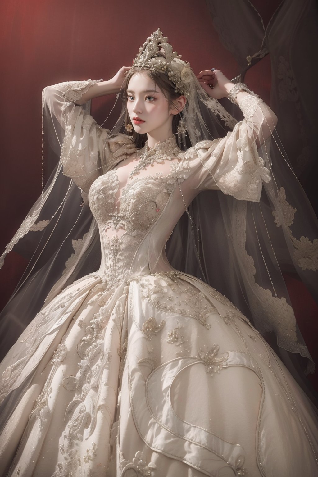 1girl,solo,medium breasts,outdoors,<lora:GoodHands-beta2:1>,(red background),(full body:1.3),ruanyi0257,bridal veil,lace-trimmed dress,wedding dress,white dress,bride,<lora:0257 castle style wedding dress_v2:0.9>,full frontal,arms up,, best quality,masterpiece,highres,official art,extremely detailed cg unity 8k wallpaper