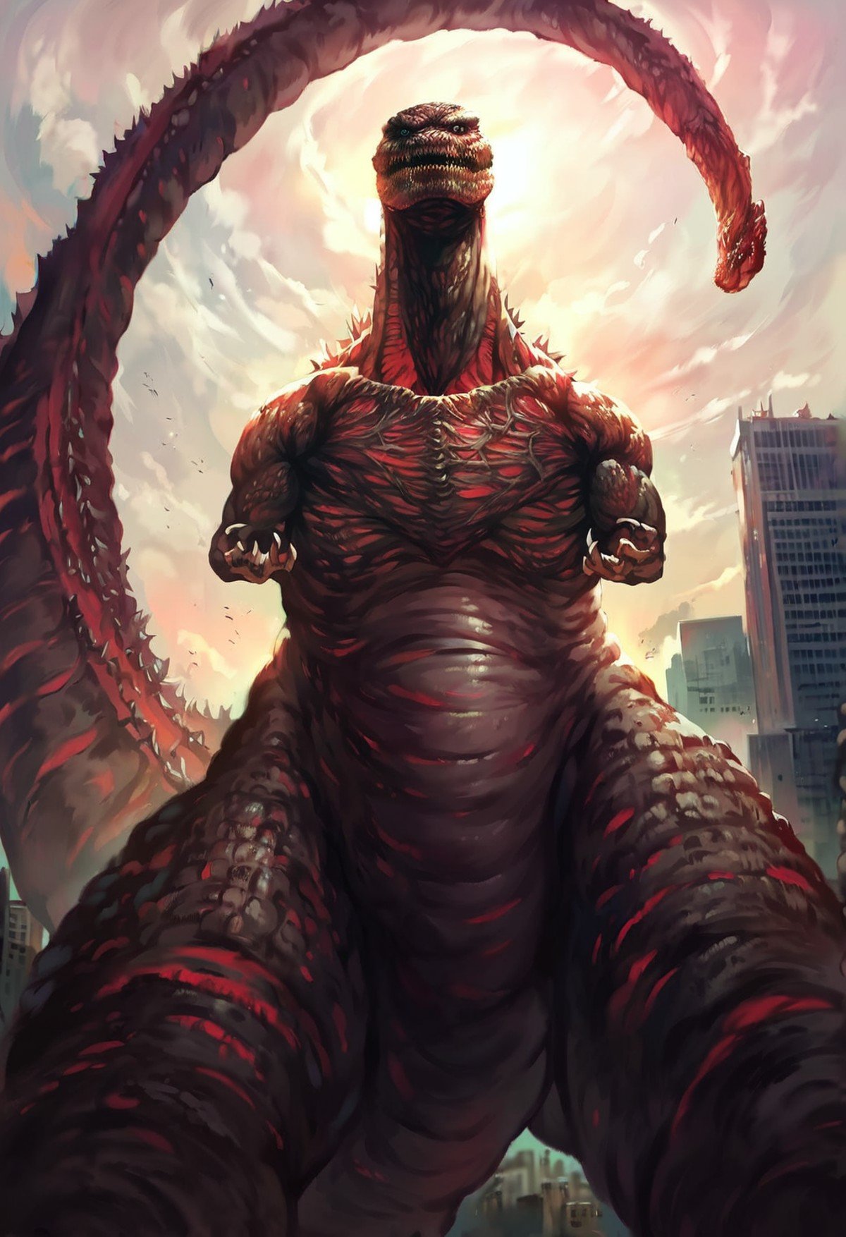 score_9, score_8_up, score_7_up, score_6_up, score_5_up, source_furry, kaiju, monster, low angle view, city background, blurred background, realistic, realism, digital painting, cinematic lighting,  <lora:CHARACTER_SHIN_GODZILLA_PONY_XL:1> shin_godzilla