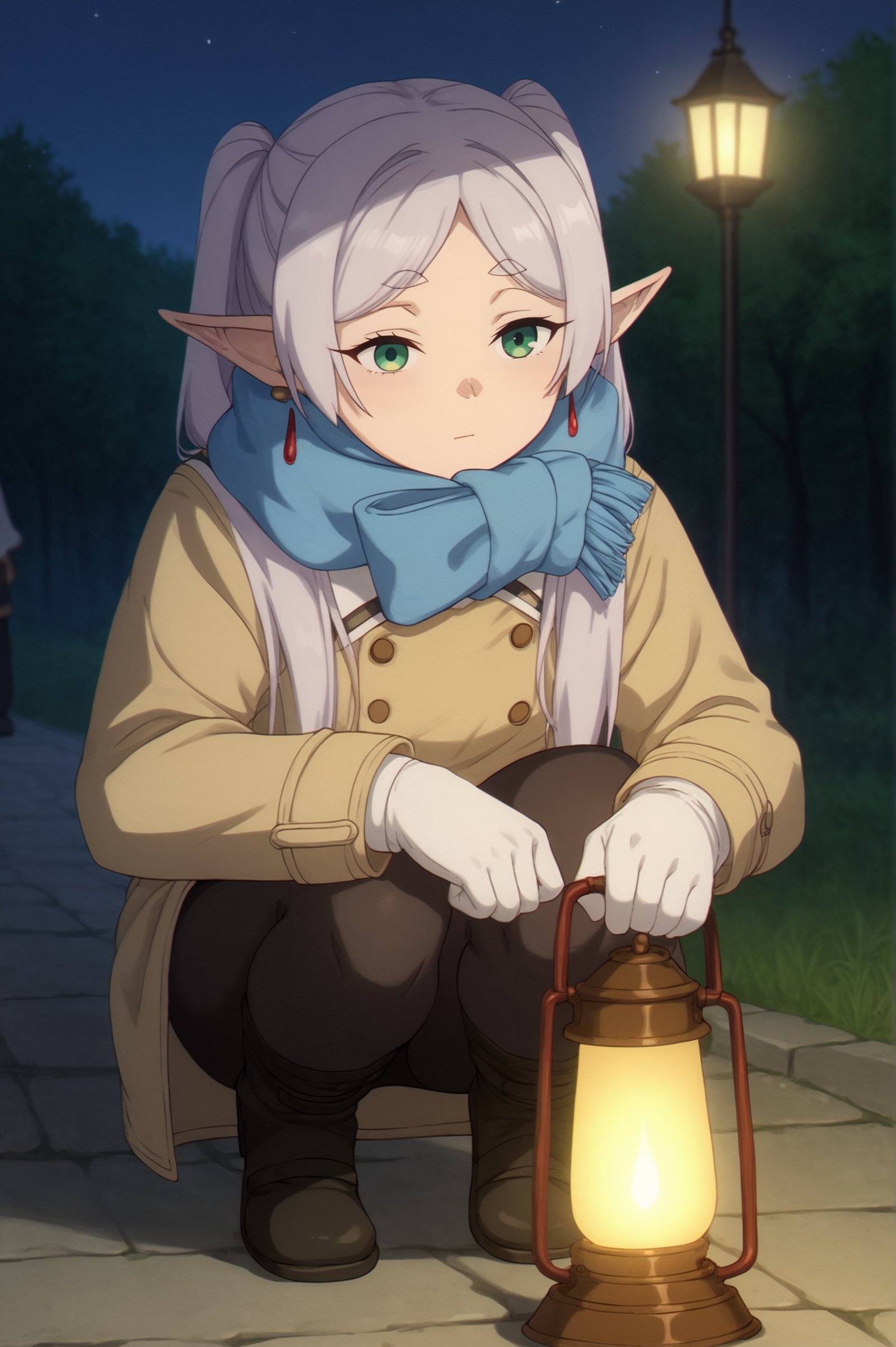 rating_all, score_10, score_8_up, score_7_up,  Frieren, long hair, long sleeves, gloves, jewelry, green eyes, white hair, pantyhose, outdoors, pointy ears, solo focus, scarf, coat, black pantyhose, night, squatting, elf, lantern, blue scarf, hands on own knees <lora:Frieren:0.8>