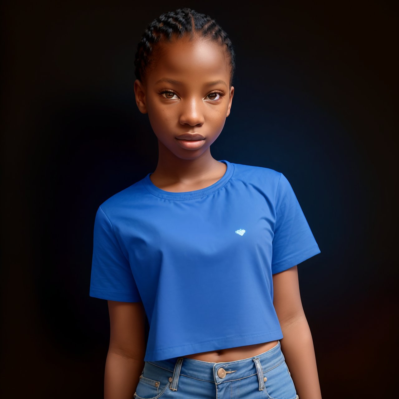 SFW, (masterpiece:1.3), extra resolution, view from below, portrait of AIDA_LoRA_EmSam <lora:AIDA_LoRA_EmSam:0.71> in (blue t-shirt and denim skirt:1.1), little girl, pretty face, beautiful child, very detailed face, (looking at viewer with love:1.3), (very detailed natural skin with pores), dolly short, naughty, cinematic, insane level of details, (studio photo:1.3), (trending on artstation:1.3), colorful, (black background:1.3), stunningly beautiful, simple background