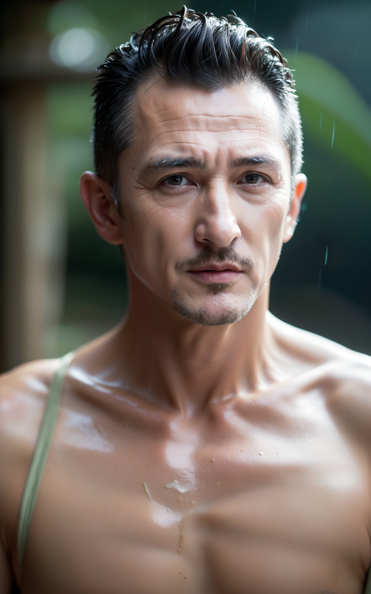 RAW photo, a close up portrait photo of Decorative 45 y.o Sean Penn in Artisanal Rain pants, Mohawk haircut, pale skin, buff, background is Ta Prohm Temple, (high detailed skin:1.2) , 8k uhd, dslr, soft lighting, high quality, film grain, Fujifilm XT3