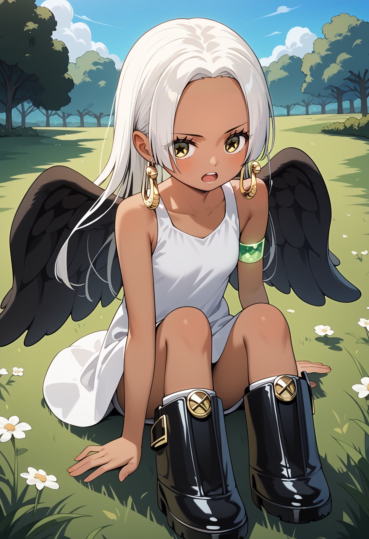 score_9, score_8_up, score_7_up, score_6_up, score_5_up, score_4_up, source_anime, aasnake, long hair, white hair, dark skin, earrings, yellow eyes, symbol-shaped pupils, black wings, small breasts. sundress, white dress, sleeveless, armlet, <lora:s-snake_ponyxl_v1:0.9>, open mouth, sitting, on floor, grass, black footwear, knee boots, 