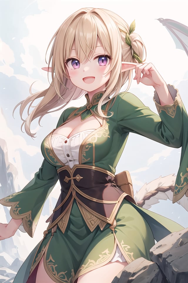 insanely detailed, absurdres, ultra-highres, ultra-detailed, best quality,1girl, solo, nice hands, perfect handsBREAKelf girl, (wearing green dress:1.2), (nsfw:-1.5), (navel:-1)BREAKhappy smile, laugh, open mouthBREAKstanding, cowboy shot, looking at viewerBREAKslender, kawaii, perfect symmetrical face, ultra cute girl, ultra cute face, ultra detailed eyes, ultra detailed hair, ultra cute, ultra beautifulBREAKOn the peak of a distant mountain, a gargantuan dragon from the ancient times roars, depth of field, ultra detailed backgroundBREAKlarge breasts, cleavage,BREAKblonde hair, medium hair, elf ear, pink eyes