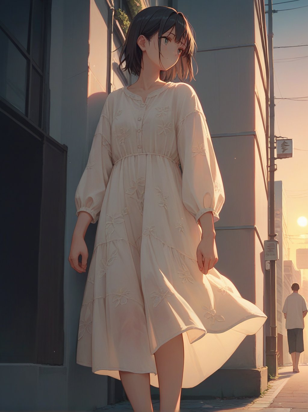 score_9, score_8_up, score_7_up, score_6_up, source_anime, <lora:linen_dress_v0.1-pony:1> 1girl, linen dress,black hair,street, sunset, building, see-through silhouette, rimlight, backlighting, 