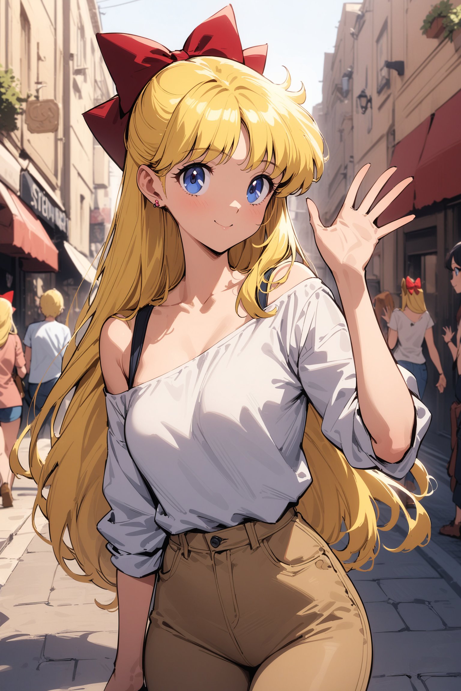 masterpiece, best quality, very aesthetic, absurdres, aavenus, long hair, blonde hair, hair bow, blue eyes, earrings, <lora:sailor_venus_XL_v1(anima):0.9>, casual, off shoulder, street, smile, cowboy shot, waving